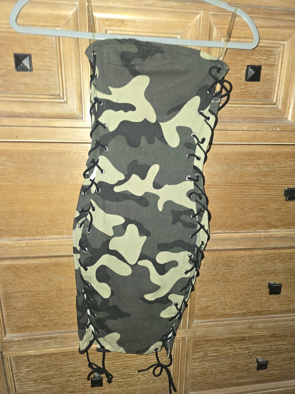 Strapless Lace-Up Camouflage Bodycon Dress - Green Camo